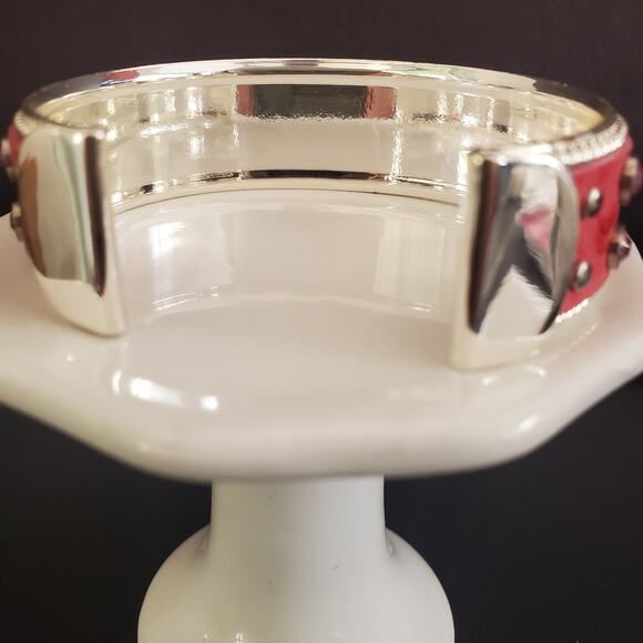Pink and Silver Tone Cuff Bracelet with Faux Leather and Rhinestone Accents - Picture 6 of 9
